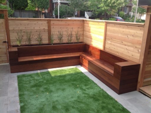 IPE Bench and Planter, artificial grass with cedar fence and Indian flagstone